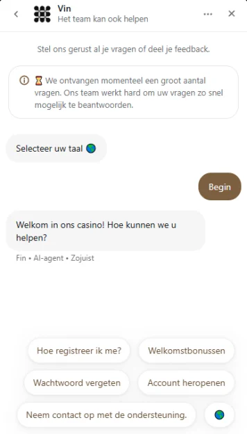 Livechat van de casinoklantenservice met taalkeuze en snelle antwoorden op veelgestelde vragen